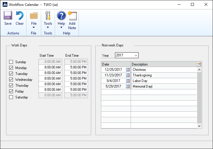 Microsoft Dynamics GP > Tools > Setup > Company > Workflow > Workflow Calendar